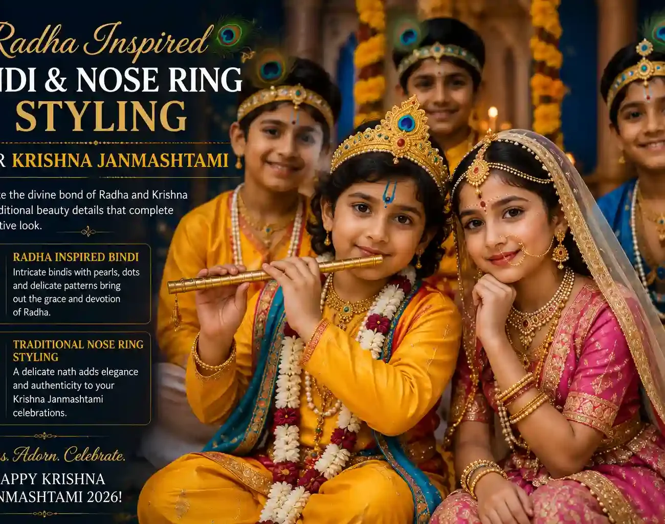 Janmashtami 2026 Makeup Look featuring Radha-Krishna inspired beauty ideas with peacock eye makeup, glowing skin, bindi styling and festive jewellery.