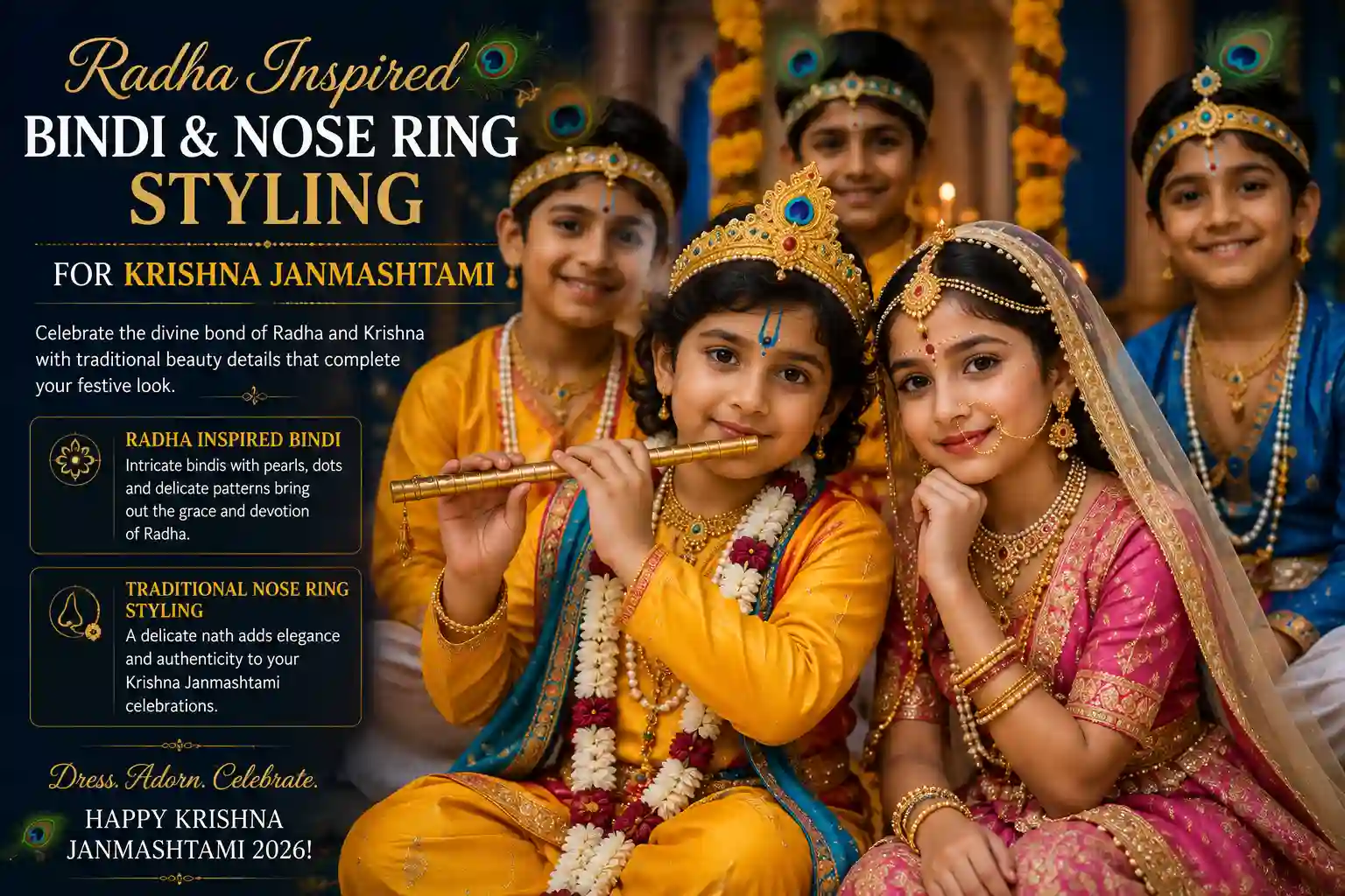 Janmashtami 2026 Makeup Look featuring Radha-Krishna inspired beauty ideas with peacock eye makeup, glowing skin, bindi styling and festive jewellery.